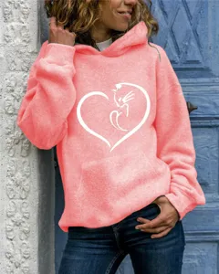 Coral pink long sleeve hooded sweatshirt featuring a cute white cat heart print design.