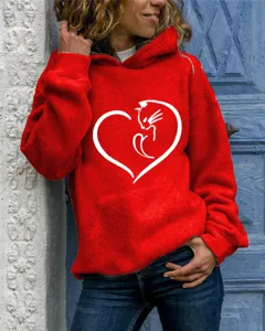 Red hoodie detail featuring white cat heart line art, long sleeves and comfortable fit.