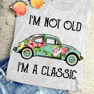 Vintage floral beetle car graphic short sleeve t-shirt for women, casual summer top tee.
