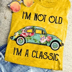 Vintage beetle car graphic print women short sleeve t-shirt, casual summer yellow top.