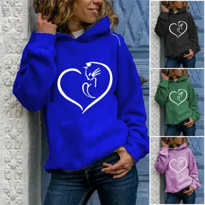 Women Hooded Sweatshirt Polyester Printed Cat Heart Animal Pattern Long Sleeve Pullover Casual Streetwear Tops