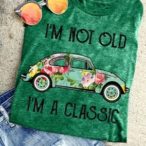 Vintage floral beetle car print green short sleeve t-shirt for women casual summer wear