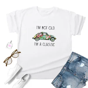 Women's white short sleeve t-shirt with vintage car graphic print casual summer top