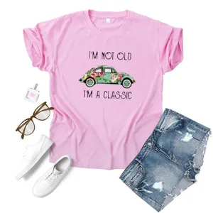 Women vintage car print short sleeve pink t-shirt casual summer graphic tee apparel outfit