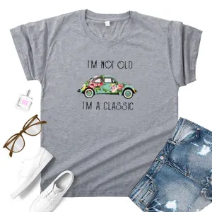 Women vintage graphic short sleeve t-shirt casual summer classic car print top tee grey