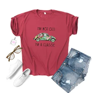 2024 summer women's red short sleeve t-shirt with classic floral car graphic and letter print