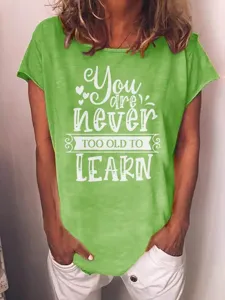 Green casual short sleeve t shirt with inspiring quote print detail view for women everyday wear