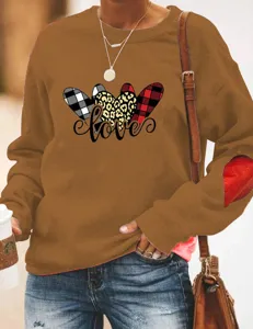 Brown casual pullover sweatshirt featuring heart prints and love text for daily wear.