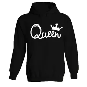 Black long sleeve hooded sweatshirt for women, featuring a stylish Queen crown front print.