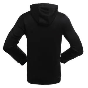 Black long sleeve hooded sweatshirt back view detail showcasing casual design and comfortable fit.