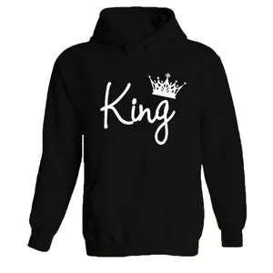 Black hooded sweatshirt with King print, long sleeve casual pullover top for daily streetwear wear.