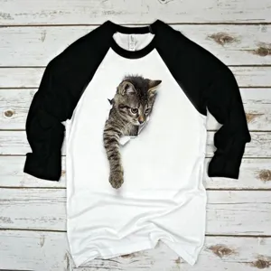 Maglietta a Maniche Lunghe Raglan con Stampa Gatto 3D da Uomo Girocollo in Acrilico Colore a Contrasto Top Sportivo Casual