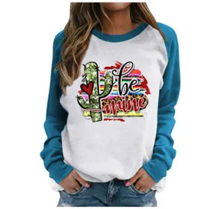 Detailed view of women casual colorblock raglan long sleeve sweatshirt with cactus print.