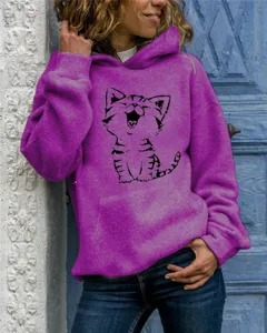 Close-up detail of the vibrant purple hoodie featuring a cute cartoon cat print, long sleeves.