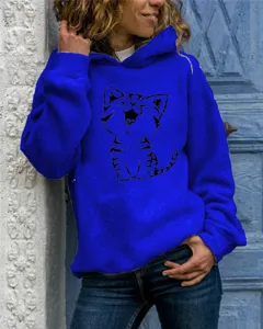 Casual blue hooded sweatshirt detail featuring cute black cat graphic print and long sleeves.