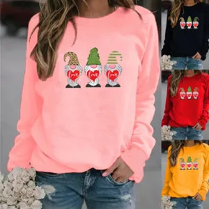 Women casual long sleeve crewneck pullover sweatshirt with cute gnome love heart print.