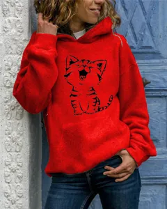 Women red hooded sweatshirt featuring cute cat print, casual long sleeve pullover top.
