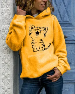Yellow hooded sweatshirt detail, cute cat graphic print, long sleeve casual pullover top.