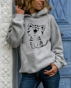 Grey hoodie featuring a funny cartoon cat graphic print, long sleeves and casual streetwear.