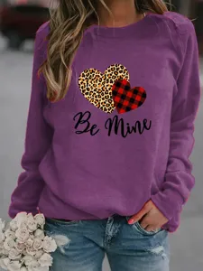 Valentine heart print fleece sweatshirt long sleeve casual pullover top for women purple outfit