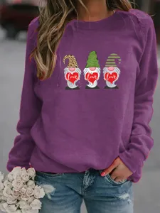 Cute Valentine gnome print fleece sweatshirt, casual purple long sleeve pullover top.