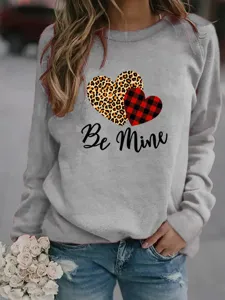 Grey Valentine's graphic long sleeve sweatshirt with heart print for casual wear.