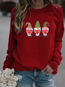 Women Christmas Gnome Print Long Sleeve Sweatshirt Casual Crewneck Pullover Top Red