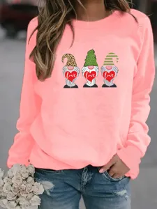 Valentine's Day Cute Gnome Print Long Sleeve Casual Fleece Sweatshirt for Women Top