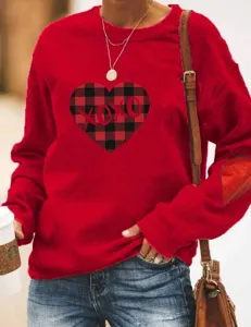 Pull rouge femme col rond avec motif de cœur à carreaux manches longues sweat-shirt décontracté.