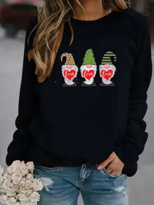 Casual black long sleeve fleece sweatshirt with cute gnome and love heart graphic print.