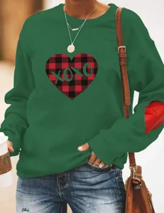 Femme sweat shirt vert a carreaux coeur manches longues casual pull col rond haut