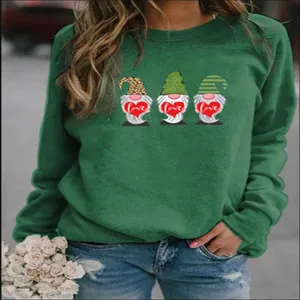 Green long sleeve sweatshirt for women with cute gnome heart graphic, casual pullover top.