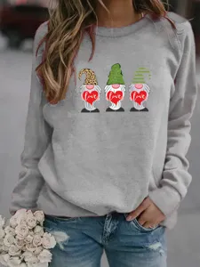 Grey fleece-lined sweatshirt with cute gnome love print, long sleeve casual pullover.