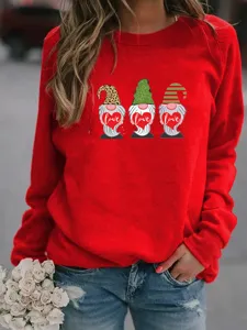 Red crewneck fleece sweatshirt featuring cute Valentine gnome graphic print, casual long sleeve top detail.