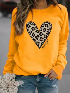 Women's Orange Crewneck Long Sleeve Sweatshirt Leopard Heart Graphic Pullover Casual Top