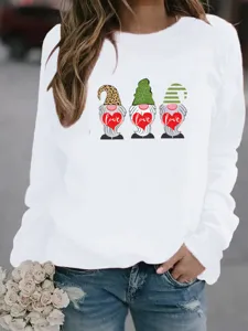 Women's white casual long sleeve crewneck sweatshirt featuring cute gnome and heart print.