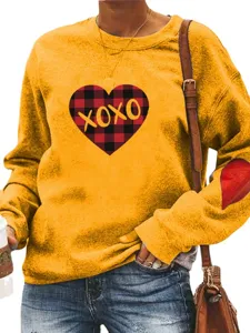 Femmes Saint-Valentin Sweat-shirt à manches longues motif cœur carreaux pull décontracté