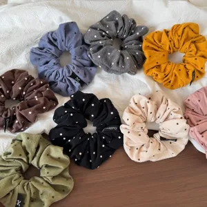 Korean style ruffled polka dot hair scrunchies for women, soft elastic hair tie.