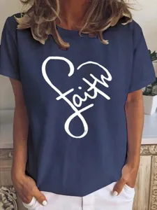 Maglietta Casual da Donna in Poliestere con Stampa Grafica di Lettere a Cuore Faith Girocollo Manica Corta Top Stile Urbano