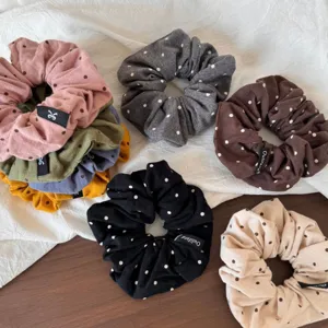 Korean style cute polka dot scrunchies, soft fabric hair ties for women daily styling.