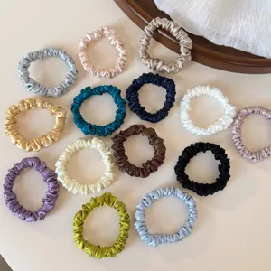Silk satin scrunchies detail view, assorted vibrant colors hair ties for daily styling