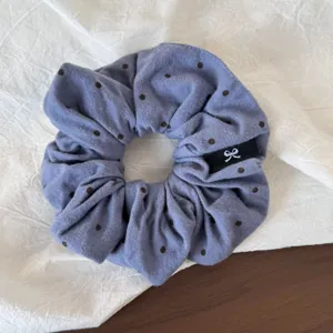 Blue polka dot scrunchie cute hair accessory for women soft elastic fabric pony tail holder