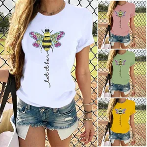 Dames Casual Katoen Modal T-Shirt Let It Be Bij Bloem Bedrukt Korte Mouw Ronde Hals Losse Pasvorm Zomer Graphic Tee Top