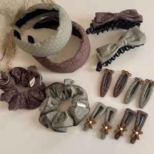 Vintage Floral Fabric Hair Scrunchies Clips Headband Set Korean Style Elegant Ponytail Holder Hair Accessories For Women