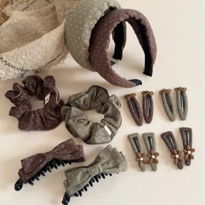 Retro floral hair accessories set featuring headbands, scrunchies, claws, and sweet clips.