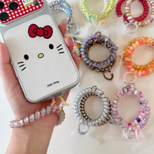 Gradient rainbow telephone wire hair bands and cute cartoon phone case accessory set.