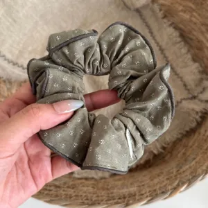 Vintage brown floral fabric scrunchie with dark piping, soft elegant hair tie for women.