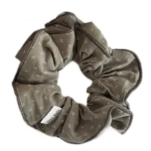 Brown floral fabric hair scrunchie, retro lazy style ponytail holder for women and girls.