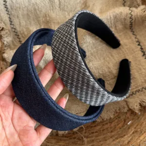 Serre-tête large vintage en denim style coréen, design double élégant pour coiffure tendance.