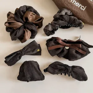 Brown polka dot hair scrunchie set, elegant gauze hair accessories for daily commuter styling.